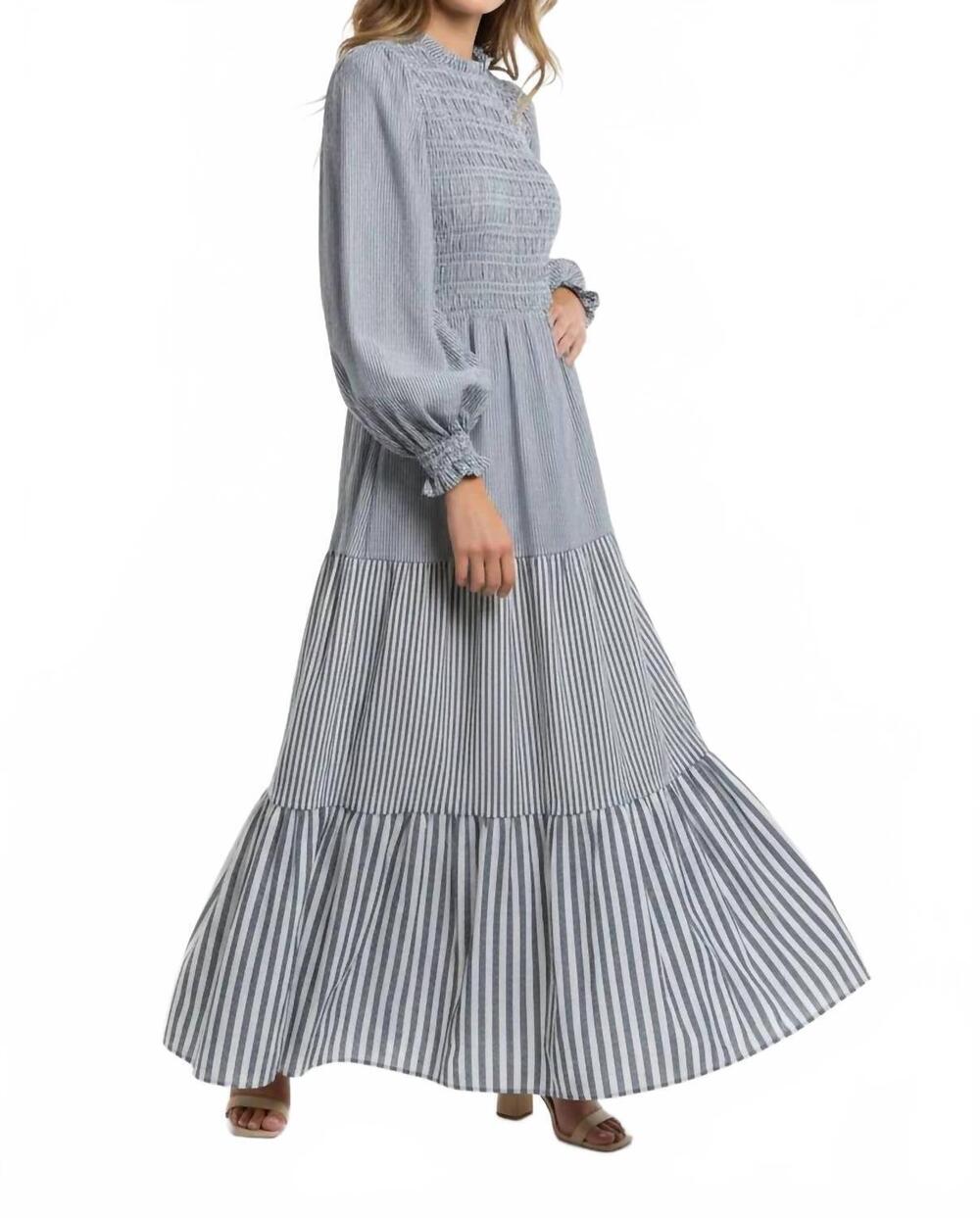 NEW SHE + SKY smocked top tiered maxi dress in navy stripe